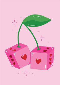 Two dice with heart sides connected by a leaf and stems to look like a pair of cherries - illustration in pink, red and green. Heart Dice, Dice Art, Cherry Art, Tattoo Poster, 70s Y2k, Illustration Tattoo, Poster Pink, Tattoo Flash, Cherry