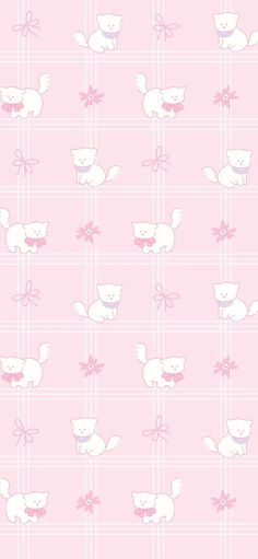 a pink wallpaper with white cats and bows