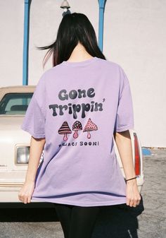 You can't reach me because I've gone trippin'. I'll be back later, after a little ego death. Cute trippy design on a Comfort Colors unisex tee in Violet. Relaxed fit, heavy weight t-shirt. 100% combed cotton. Model wears size X-Large for an oversized look. Trippy Shirts, Womens Graphic Tees, Trippy Designs, Heavy Weight, Combed Cotton, Comfort Colors, Violet, Relaxed Fit, T Shirts For Women