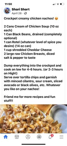 the recipe for crockpot cream chicken nachos is shown on an iphone screen