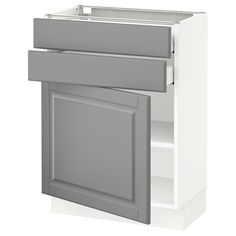 a white kitchen cabinet with an open door and drawer on the bottom, in front of a white background