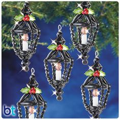 three christmas ornaments hanging from a tree with holly and candle holders in the shape of chandeliers