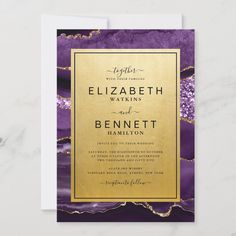 purple and gold marble wedding card