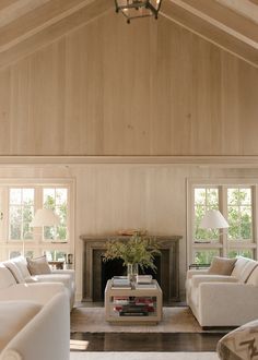 a living room filled with furniture and a fire place in the middle of a room