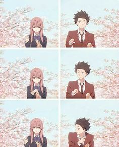 four pictures of anime characters in suits and ties, one with long hair the other with pink flowers