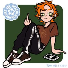 an orange haired boy sitting on the ground pointing at his cell phone