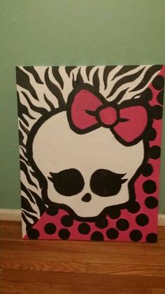 a painting of a skull with a bow on it's head and zebra print