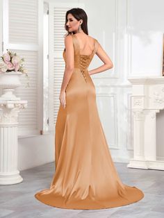 Avianna Dreamy V Neck Sleeveless Ruched Satin Formal Dresses Sleeveless Evening Dress With Lace-up Back, Satin Hoco Dress, Satin Formal Dress, Stretch Satin Dress, Wedding Veils Lace, Satin Dress Long, Dusty Rose Dress, Satin Bridesmaid Dresses, Dress Dusty