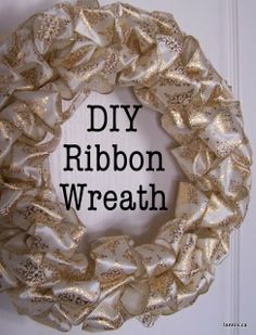 a diy ribbon wreath hanging on a door with the words diy ribbon wreath