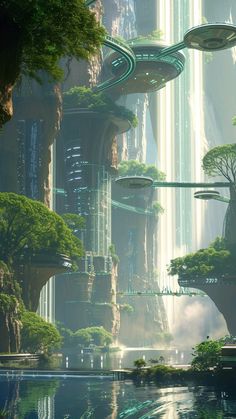 a futuristic city surrounded by trees and water