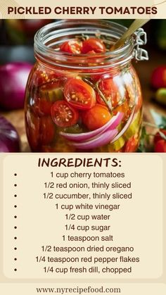 the ingredients for pickled cherry tomatoes in a mason jar with text overlay that says pickled cherry tomatoes