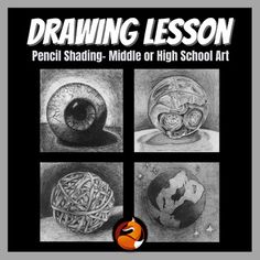 the cover of drawing lesson for pencil shading and middle school art, with four different images