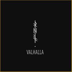 the word valhalla written in white and black on a black background with a gold frame