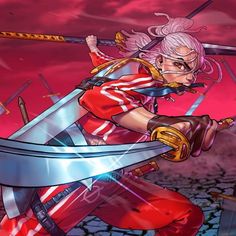 an anime character holding two swords in one hand and looking down at the ground with red clouds behind her