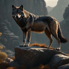 a wolf standing on top of a rock in front of some rocks and bushes with mountains in the background