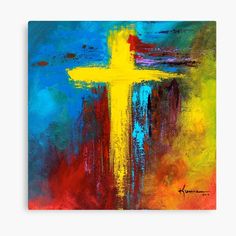 an abstract painting of a yellow cross on a blue background