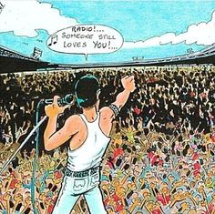 a cartoon drawing of a man holding a microphone in front of a large crowd at a concert