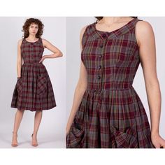 Vintage 1950s Plaid Fit & Flare Midi Dress, Sleeveless With A Scoop Neck, Buttons Down The Front Of The Bodice, Big Front Pockets On The Skirt, And A Small Decorative Tie At The Waist. Measurements And Condition: Fits Like: Medium (See Measurements Below - Fits A 27" Max Waist. If You Moved The Hook At The Waist It Could Go Up To 28") Fabric: Feels Like Cotton/Poly, Lightweight Brand: None Condition: Excellent Length: 42.5" Chest: 38" Waist: 27" Hips: Free Shown On A 5’8” Model With Measurements Of 34”-26”-37”, Usually Wears A Size Small. See Our Faq For More Info On Sizing And Condition Ratings. Dresses 1950s, Flare Midi Dress, Black Babydoll, Classic Chic, Midi Dress Sleeveless, Day Dress, Dress Sleeveless, Jumper Dress, Dress Vintage