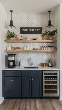 a kitchen with open shelving and shelves filled with coffee