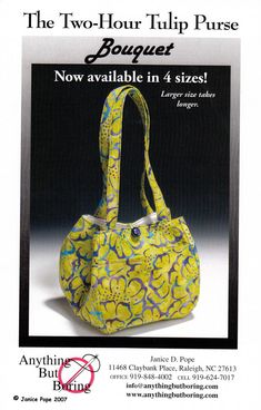 the two - hour tulip purse pattern is now available in 4 sizes and has an attached shoulder strap