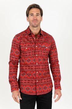 SIZE CHART Measurements: Model is wearing Size Medium. Description: Introducing our Cotton Aztec Print Dress Shirt, your ideal choice for both casual and formal occasions. Exclusively tailored in a Modern Fit, this shirt exudes timeless style that guarantees to capture attention. Boasting a button closure and long sleeves, it ensures enduring comfort, making it the perfect choice for any memorable night out. Features: Cotton Long sleeve Button closure Modern Fit Machine Washable Classic style El Slim Fit Red Cotton Tops, Red Slim Fit Cotton Tops, Red Slim Fit Casual Top, Red Slim Fit Long Sleeve Shirt, Red Slim Fit Shirt For Semi-formal Occasions, Semi-formal Red Long Sleeve Shirt, Semi-formal Long Sleeve Red Shirt, Red Long Sleeve Semi-formal Shirt, Red Slim Fit Button-up Tops