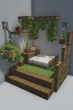 a bed made out of wooden pallets and plants