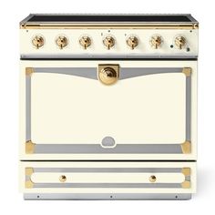 a white and gold stove top oven with two burners on the front, and three knobs on the rear