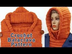 an orange crochet hooded sweater with hood and buttons on the collar is shown