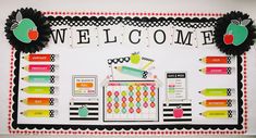 a welcome bulletin board with pencils and paper clips on it's sides, along with an apple theme