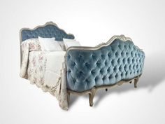 Vintage French Upholstered Chesterfield Style Bed Frame Crackle Paint, French Bed, Crackle Painting, Upholstered Bed Frame, Baby Blue Colour