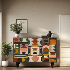 a cabinet with an abstract design painted on it