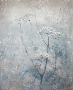 an abstract painting of white flowers on a gray background