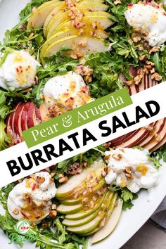 pear and arugula burrata salad on a white platter with text overlay