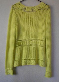 "Crocheted loose knit long sleeve sweater for women. Great for formal or casual event. 100% cotton, lime yellow color. It has eight small hooks for closure. It's beautiful and condition is great. Dimension shoulder 17\" bust 20\" length 26\" sleeve 28\"" Spring Crew Neck Open Knit Crochet Top, Green Long Sleeve Summer Sweater, Spring Green Crochet Top With Open Knit, Spring Green Open Knit Crochet Top, Green Long Sleeve Crochet Top For Summer, Yellow Long Sleeve Spring Sweater, Spring Crochet Crew Neck Sweater, Spring Open Knit Long Sleeve Crochet Top, Spring Long Sleeve Open Knit Crochet Top