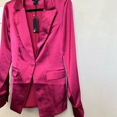 Brand New With Tag Never Worn Size S Retail Price 379$ Pet And Smoke Free Home Color: Mulberry - This Standout Blazer Is Fashioned In Lustrous, Heavyweight Satin With Piped Edges, Flap Pockets And A Tie To Define The Waist - Notched Collar - Removable Tie Belt - Lined - Material: 100% Polyester Single Breasted Fitted Satin Blazer, Silk Blazer With Lapel Collar For Parties, Fitted Single Breasted Satin Blazer, Fitted Satin Blazer With Lapel Collar, Fall Semi-formal Satin Blazer, Semi-formal Fall Satin Blazer, Semi-formal Satin Blazer For Fall, Silk Long Sleeve Blazer For Fall, Satin Blazer With Lapel Collar For Evening