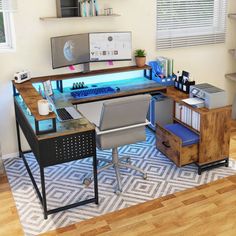 a computer desk sitting on top of a hard wood floor