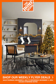 a living room filled with furniture and a christmas tree in front of a fire place