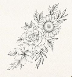 a black and white drawing of flowers with leaves on the bottom half of their arm