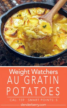 the cover of weight watchers'au gratinn potatoes with a wooden spoon in it