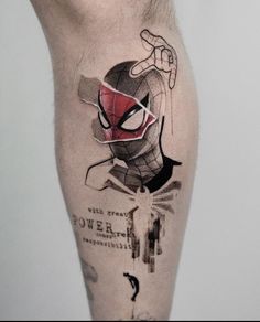 a man with a spiderman tattoo on his leg