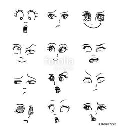 various expressions drawn by hand on white paper with black ink, including eyes and eyebrows