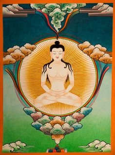 a painting of a buddha sitting in the lotus position with clouds around her and an orange background