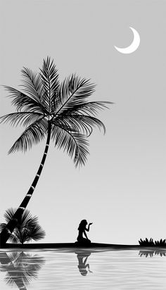 a person sitting under a palm tree next to the ocean with a moon in the sky