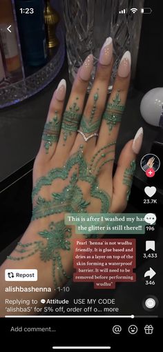 a woman's hand with green lace on it and the words, this is after you