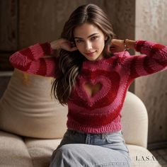 Lasaky - Red Contrast Striped Print Heart Cutout Cropped Sweater with Long Sleeves and a Round Neck Heart Cut Out Sweater, Cut Out Sweater, Cutout Sweater, Color Heart, Heart Cut Out, Party Dress Long Sleeve, Puff Sleeve Dresses, Heart Pattern, Party Dress Long