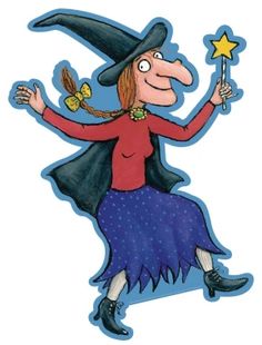 a drawing of a witch holding a wand and wearing a black hat with stars on it