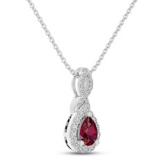 A vivid pear-shaped lab-created ruby draws the eye to this beautiful necklace, perfect for celebrating a July birthday. Ribbons of white lab-created sapphires shimmer on the sterling silver pendant for all-over sparkle. The 18-inch cable chain secures with a lobster clasp. Elegant Pear-shaped Birthstone Drop Necklace, Pear-shaped Diamond Birthstone Necklace, Formal Pear-shaped Ruby Necklace, Valentine's Day Formal Teardrop Necklace, Fine Jewelry Ruby Necklace In Pear Shape, Anniversary Necklace With Sparkling Stones, Pear-shaped Gemstone Drop Necklace For Anniversary, Pear-shaped Ruby Necklace For Anniversary, Red Pear