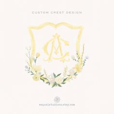 the front cover of a custom crest design with yellow flowers and leaves on white paper