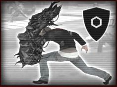 a man is running with a shield on his back and an evil looking creature behind him