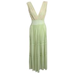 Rare and unusual apple jade green silk crepe chiffon slip dress. Of fine handmade alencon lace applique with horizontal tucking along skirt and deep V neckline. Size: Vintage size 34. Waist 25", Shoulder to waist 17", Skirt Length 39". 1930s French. Green Slip Dress, Alencon Lace, Green Silk, Silk Crepe, Jade Green, Lace Applique, Skirt Length, Deep V, Jade